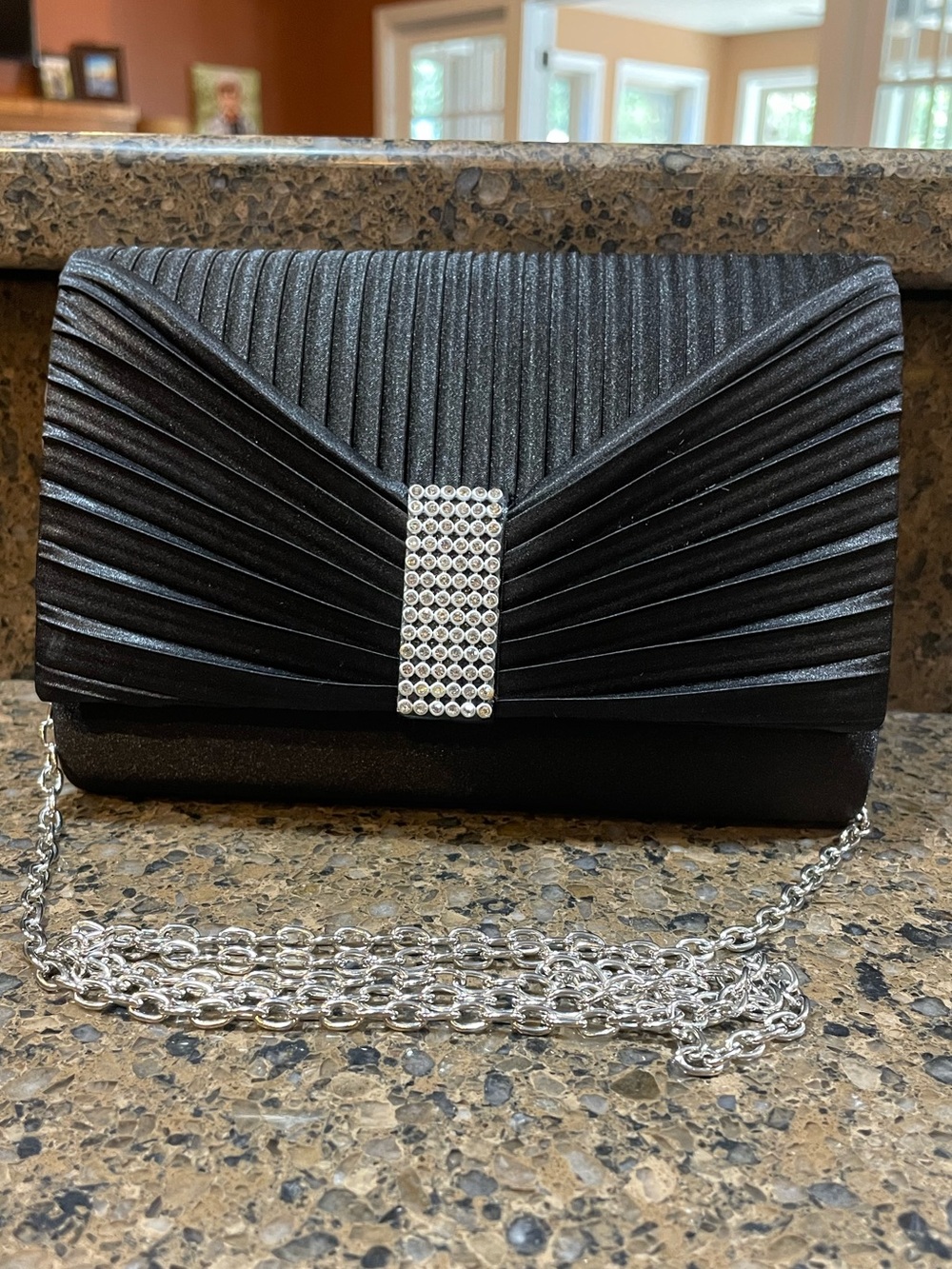 Jessica McClintock Black Alexis Pleated Flap Clutch Silver & Rhinestone Accents